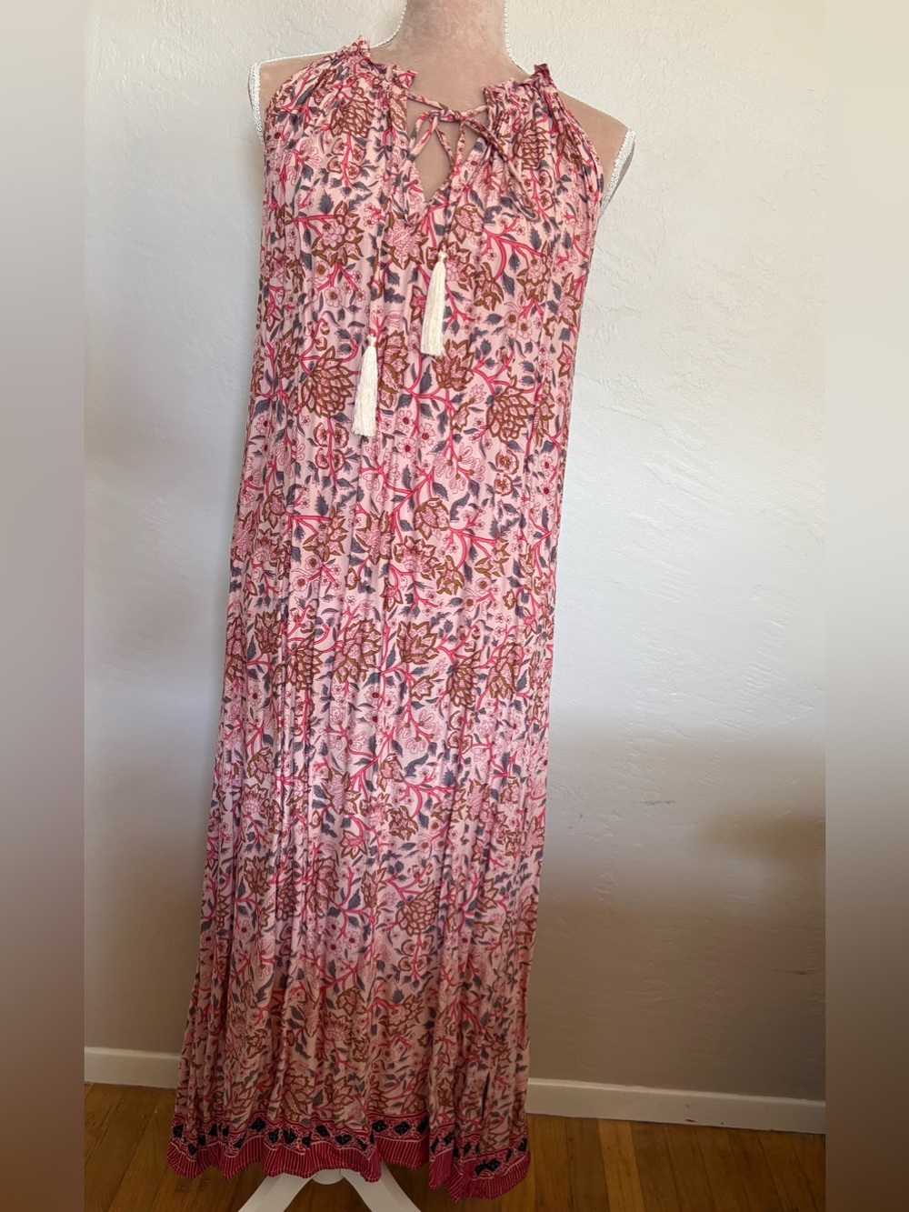 Natalie Martin Pink Floral Tassel-Neck Maxi Dress